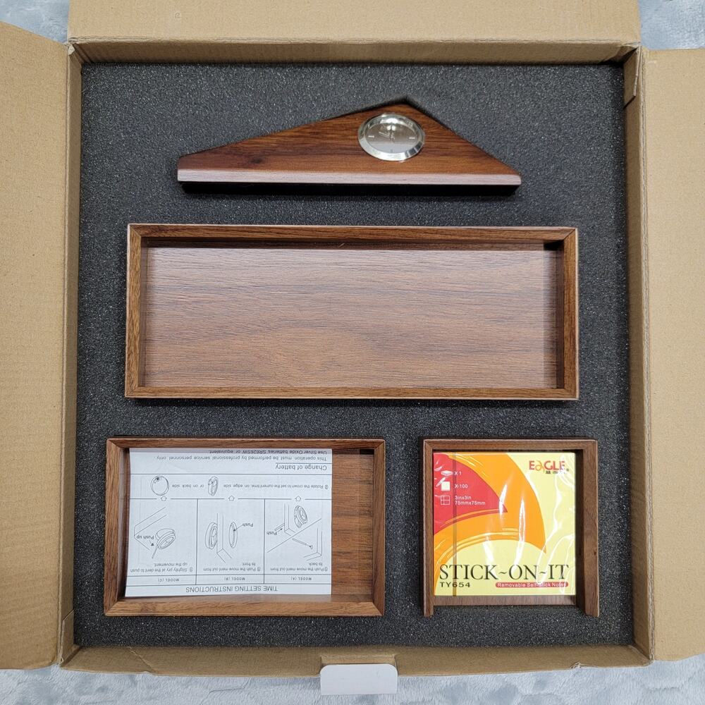 Bey-Berk Walnut Wood 4 Piece Desk Organizer Set Quartz Clock Trays D990 READ